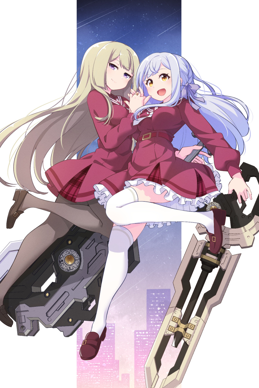 2girls :d assault_lily belt belt_buckle blonde_hair blunt_bangs braid breasts brown_footwear brown_pantyhose brown_sailor_collar buckle building city closed_mouth floating_hair frilled_skirt frills grey_hair hair_ribbon hand_up high-waist_skirt highres holding holding_hands holding_weapon interlocked_fingers jewelry kanba_girls_high_school_uniform kon_kanaho leg_up loafers long_hair long_sleeves looking_at_viewer medium_breasts miniskirt miyagawa_takane morugen multiple_girls necktie night outdoors outside_border pantyhose pillarboxed plaid plaid_skirt purple_ribbon red_belt red_shirt red_skirt ribbon ring sailor_collar school_uniform serafuku shirt shoes short_necktie side_braid sidelocks skirt smile standing standing_on_one_leg star_(sky) thigh-highs very_long_hair violet_eyes wavy_hair weapon white_necktie white_thighhighs yellow_eyes zettai_ryouiki