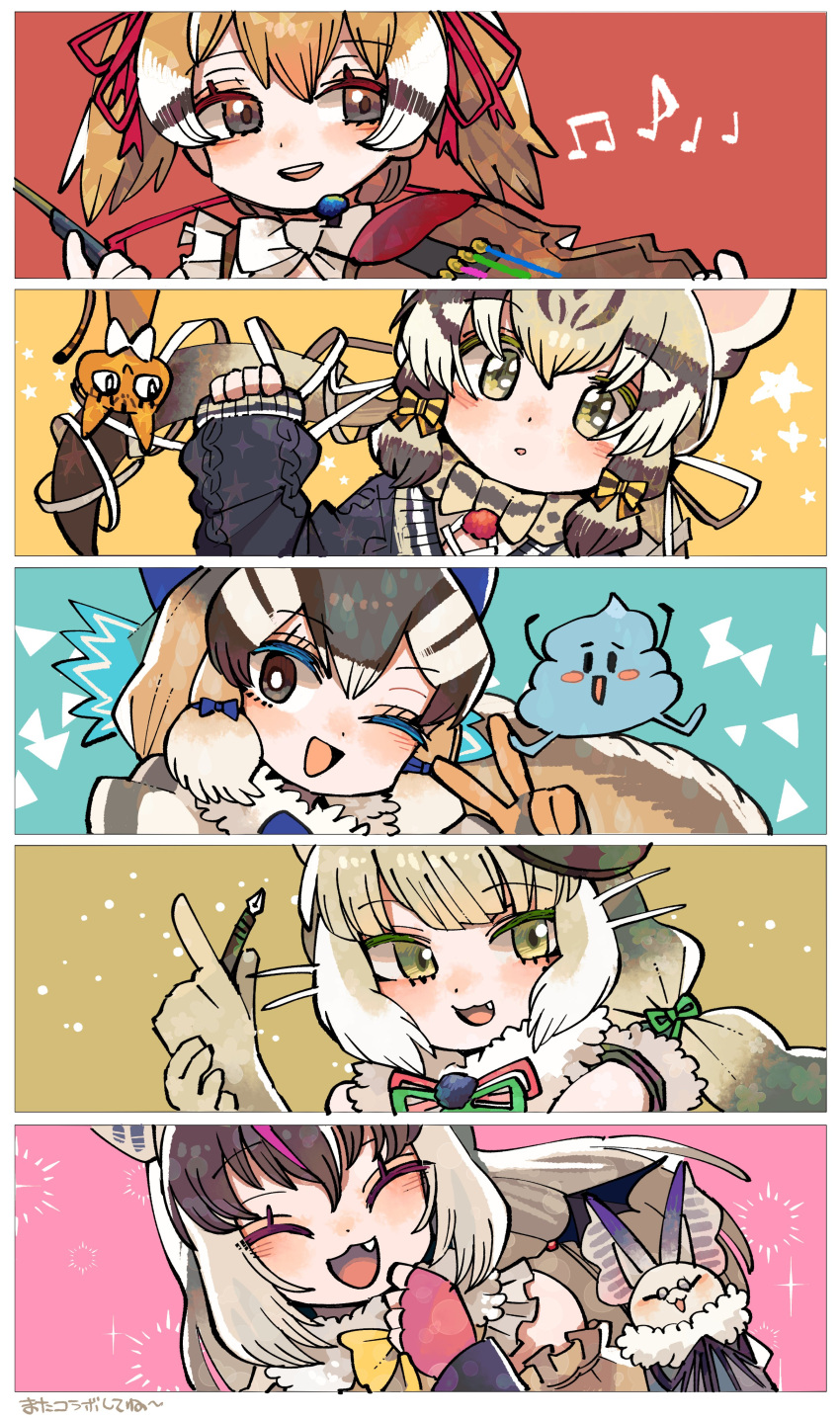 5girls absurdres animal_ears bat_(animal) bow bow_(music) bowtie brown_eyes brown_hair brown_long-eared_bat_(kemono_friends) cat extra_ears geoffroy's_cat_(kemono_friends) gloves green_eyes grey_hair highres instrument jungle_cat_(kemono_friends) kanmoku-san kemono_friends kemono_friends_v_project large-spotted_genet_(kemono_friends) long_hair looking_at_viewer microphone multiple_girls open_mouth ribbon short_hair siberian_chipmunk_(kemono_friends) simple_background violin virtual_youtuber