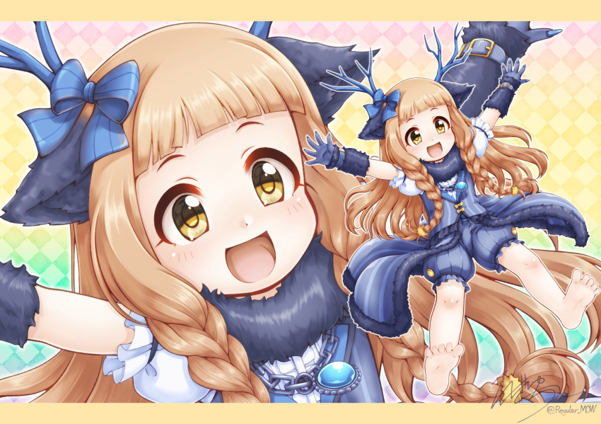 1girl :d animal_ear_fluff animal_ears antlers argyle argyle_background barefoot blue_bow blue_gloves blue_shorts blue_vest bow braid brown_eyes brown_hair commentary_request fur_trim gloves hair_bow highres ichihara_nina idolmaster idolmaster_cinderella_girls idolmaster_cinderella_girls_u149 long_hair puffy_short_sleeves puffy_shorts puffy_sleeves regular_mow shirt short_sleeves shorts signature smile soles solo striped striped_bow striped_vest twin_braids twitter_username vertical-striped_vest vertical_stripes very_long_hair vest white_shirt zoom_layer