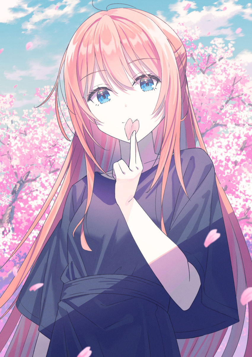 1girl belt black_dress blue_eyes cherry_blossoms clouds cloudy_sky day dress falling_petals highres holding holding_petal koh_rd long_hair looking_at_viewer original outdoors petals pink_hair sky solo wide_sleeves