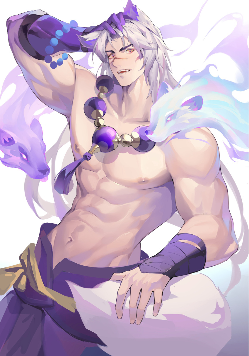 1boy abs absurdres animal animal_ears bandaged_arm bandages bead_necklace beads cowboy_shot fang grey_hair hand_on_own_head highres japanese_clothes jewelry male_focus muscular muscular_male navel necklace nipples open_mouth original pink_hair scar scar_on_face simple_background smile solo spirit tail white_background yaoyaore