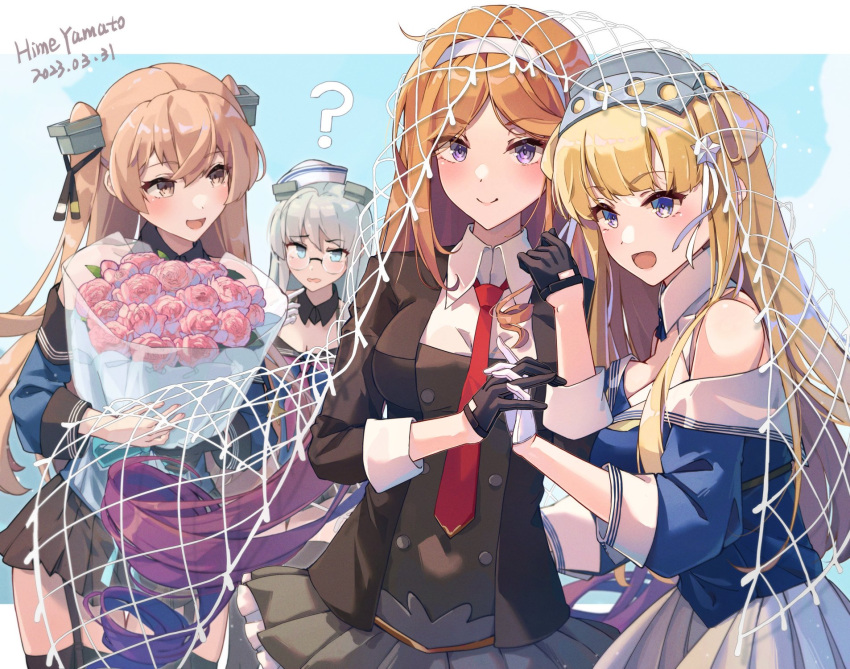 4girls ? ahoge artist_name asymmetrical_sidelocks black_gloves black_jacket black_skirt blazer blonde_hair blue_eyes blue_shirt bouquet breasts brown_eyes cargo_net dated double_bun drill_hair fletcher_(kancolle) flower frilled_skirt frills glasses gloves gradient_hair grey_hair hair_bun hair_ornament hairband hat heywood_l._edwards_(kancolle) highres himeyamato holding holding_bouquet holding_hands jacket johnston_(kancolle) kantai_collection large_breasts light_brown_hair long_hair long_sleeves miniskirt multicolored_hair multiple_girls necktie off-shoulder_shirt off_shoulder pink_flower pink_rose pleated_skirt purple_hair red_necktie rose sailor_collar school_uniform serafuku shirt side_drill single_glove skirt smile star_(symbol) star_hair_ornament two_side_up very_long_hair violet_eyes white_gloves white_hairband white_sailor_collar yuugure_(kancolle)