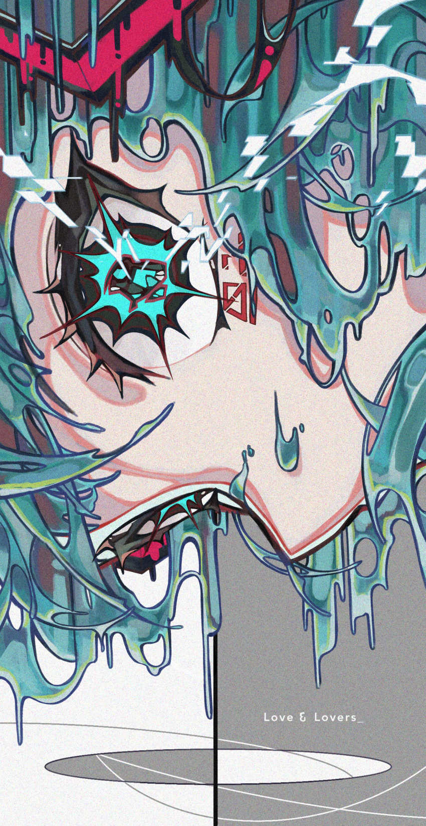 1girl absurdres aqua_eyes aqua_hair close-up commentary_request covered_mouth dripping english_text eye_focus facial_tattoo facing_down film_grain from_side grey_background hair_ornament hatsune_miku highres kobacha_(ochakoba) liquid_hair looking_at_viewer looking_to_the_side number_tattoo solo song_name split_theme tattoo two-tone_background ura-omote_lovers_(vocaloid) vocaloid white_background wide-eyed