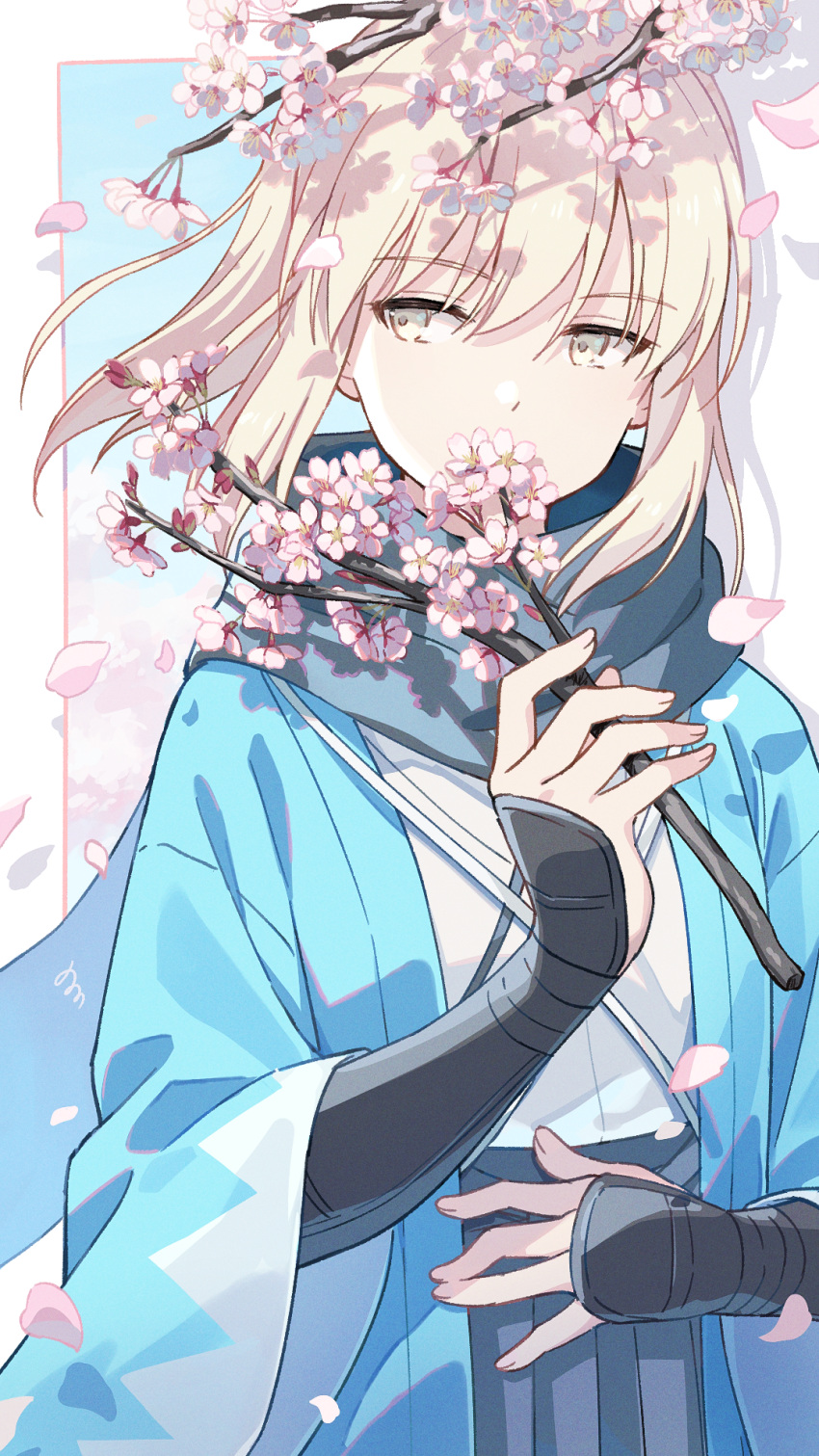 1girl armor black_scarf blonde_hair blue_sky blurry blurry_background border branch cherry_blossoms covered_mouth fate/grand_order fate_(series) floating_hair flower flower_over_mouth grey_eyes hakama half-closed_eyes hand_on_own_stomach hand_up haori highres holding holding_branch japanese_armor japanese_clothes kimono kote kurokote looking_away looking_to_the_side nonono_(nononotea) okita_souji_(fate) okita_souji_(koha-ace) outside_border ponytail scarf shadow shinsengumi short_hair shoulder_strap sideways_glance sky solo upper_body white_border white_kimono