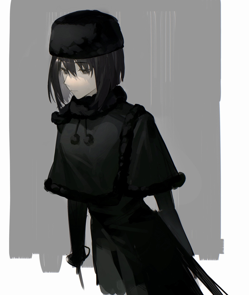 1girl absurdres black_capelet black_dress black_eyes black_hair black_headwear capelet closed_mouth dress english_commentary fur-trimmed_capelet fur-trimmed_headwear fur_hat fur_trim hat highres kuonji_alice long_sleeves mahou_tsukai_no_yoru short_hair simple_background solo type-moon urie