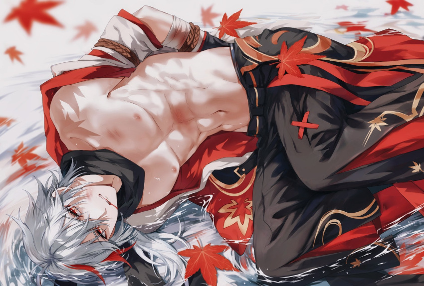 1boy abs armor bandaged_arm bandages black_pants blood blood_from_mouth blood_on_face bound devil_heavens falling_leaves feet_out_of_frame genshin_impact grey_hair hair_between_eyes highres japanese_armor japanese_clothes kaedehara_kazuha kimono leaf lying male_focus maple_leaf multicolored_hair muscular muscular_male navel nipples on_ground on_side pants partially_submerged red_eyes red_kimono redhead solo streaked_hair tied_up_(nonsexual) v-shaped_eyebrows water