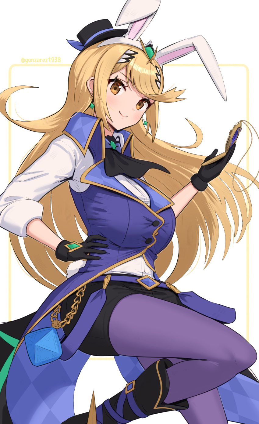 1girl absurdres alternate_costume animal_ears black_footwear black_gloves black_neckerchief black_shorts blonde_hair boots breasts chest_jewel circle earrings fake_animal_ears fake_tail gloves gonzarez hand_jewel hat highres jewelry knee_up large_breasts long_hair looking_at_viewer mini_hat mythra_(xenoblade) neckerchief pantyhose pantyhose_under_shorts pocket_watch purple_pantyhose rabbit rabbit_tail shorts smile solo star_(symbol) star_earrings tail waistcoat watch watermark white_background xenoblade_chronicles_(series) xenoblade_chronicles_2