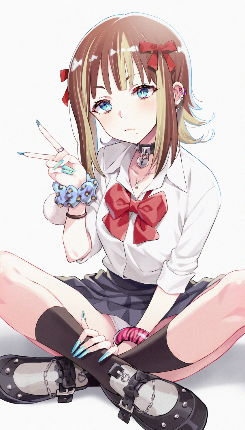 1girl absurdres amami_haruka aqua_eyes aqua_nails bangle black_skirt black_socks blonde_hair bow bowtie bracelet brown_hair collar commentary_request crossed_legs ear_piercing earrings fingernails highres idolmaster jewelry kunikune long_fingernails long_hair looking_at_viewer mole mole_under_mouth multicolored_hair on_ground panties piercing ring school_uniform scrunchie shirt short_hair sitting skirt sleeves_rolled_up socks solo spiked_collar spikes streaked_hair underwear v white_panties white_shirt wrist_scrunchie