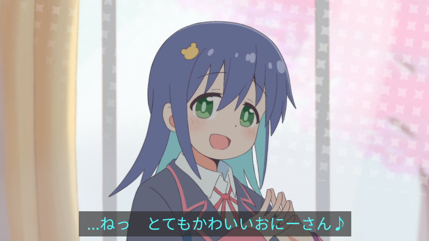 1girl :d aqua_hair black_jacket blue_hair colored_inner_hair commentary dot_nose fake_screenshot green_eyes hair_between_eyes hair_ornament hairclip highres indoors jacket k-d light_blush long_hair long_sleeves looking_at_viewer multicolored_hair neck_ribbon official_style onii-chan_wa_oshimai! open_mouth red_ribbon ribbon scene_reference shirt smile solo steepled_fingers subtitled tenkawa_nayuta translated white_shirt window wing_collar