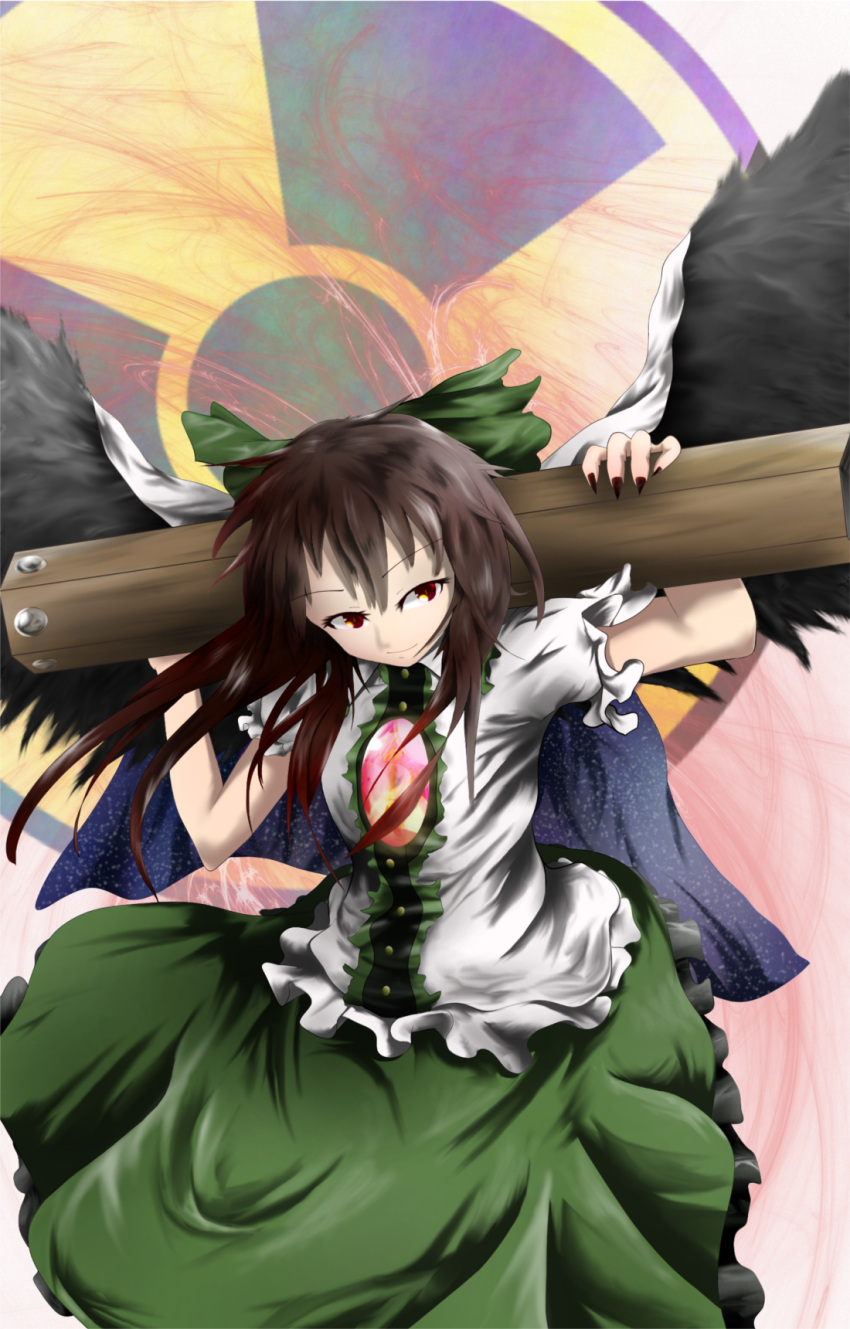 1girl arm_cannon black_wings bow brown_hair buttons cape center_frills charnoe closed_mouth collared_shirt cowboy_shot feathered_wings fingernails frilled_shirt frilled_shirt_collar frilled_skirt frilled_sleeves frills gimp_(medium) green_bow green_skirt hair_bow highres long_hair nail_polish over_shoulder puffy_short_sleeves puffy_sleeves radiation_symbol red_eyes red_nails reiuji_utsuho sharp_fingernails shirt short_sleeves skirt solo touhou weapon weapon_over_shoulder white_cape white_shirt wings