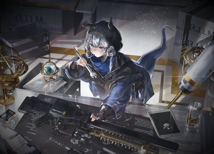 1girl adjustable_wrench animal_ears arknights blue_eyes blue_hair blue_jacket blueprint_(object) candy detached_hood food food_in_mouth glaucus_(arknights) globe highres holding holding_wrench hood hood_up hooded_jacket id_card jacket lollipop long_sleeves low_twintails multicolored_hair paper_stack railgun slug_girl solo streaked_hair table tablet_pc tail twintails workshop wrench zeklewa