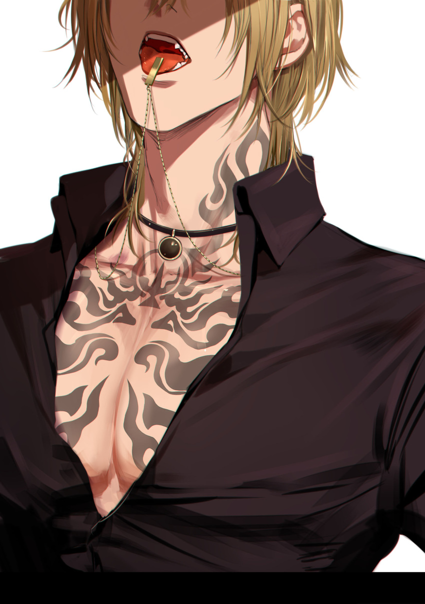 1boy absurdres black_choker black_shirt blonde_hair chest_tattoo choker collared_shirt cropped_head fang highres jewelry lion_iscat luca_kaneshiro male_focus medium_hair necklace nijisanji nijisanji_en open_clothes open_mouth partially_unbuttoned pectorals shirt simple_background solo tattoo teeth tongue upper_body virtual_youtuber white_background