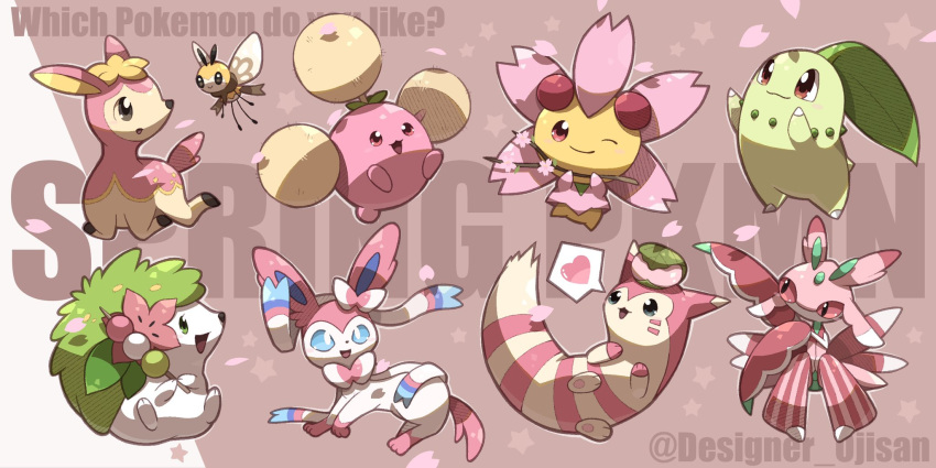 :3 :d :o ;) alternate_color arms_up artist_name blue_eyes blush branch bright_pupils brown_eyes cherrim cherrim_(sunshine) chikorita closed_mouth commentary_request cutiefly dango deerling deerling_(spring) designer_ojisan english_text flower food furret green_eyes heart highres holding holding_branch holding_food jumpluff leaf looking_at_another lurantis one_eye_closed open_mouth petals pink_background pink_flower pokemon pokemon_(creature) red_eyes sakura_mochi sanshoku_dango shaymin shaymin_(land) shiny_pokemon simple_background sitting smile speech_bubble spoken_heart star_(symbol) sylveon twitter_username wagashi white_background white_pupils