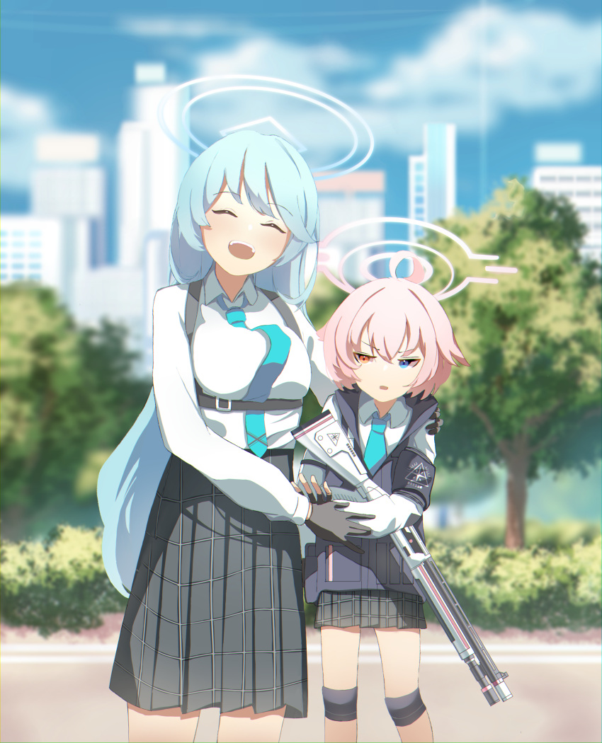 2girls :d ^_^ absurdres aged_down ahoge aqua_hair armband beretta_1301 black_gloves blue_archive blue_necktie blue_sky blurry building bulletproof_vest closed_eyes clouds cloudy_sky collared_shirt commentary_request depth_of_field fingerless_gloves gloves halo hand_on_another's_shoulder heterochromia highres hoshino_(blue_archive) k.n.q knee_pads long_hair long_sleeves looking_at_another looking_at_viewer multiple_girls necktie park pink_hair plaid plaid_skirt pleated_skirt school_uniform shirt short_hair shoulder_strap sidelocks skirt sky skyline skyscraper smile tactical_clothes tree yume_(blue_archive)