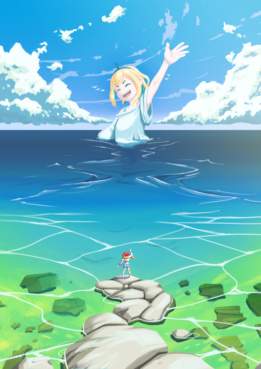 2girls :d ^_^ absurdres amano_pikamee arm_up beach bird black_hairband blonde_hair blue_shorts blue_skirt closed_eyes clouds colored_inner_hair commentary english_commentary from_behind giant giantess green_hair hairband hand_up highres hikasa_tomoshika horizon long_sleeves multicolored_hair multiple_girls ocean off-shoulder_shirt off_shoulder partially_submerged putridcheese redhead rock sharp_teeth shirt shorts skirt sleeves_rolled_up smile teeth twintails upper_teeth_only virtual_youtuber voms waving white_shirt wide_sleeves