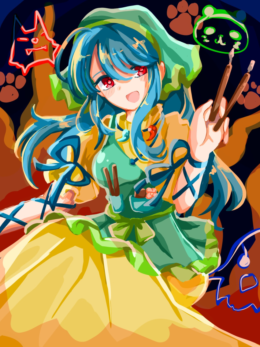 1girl :d apron blue_hair commentary_request dress eagle_spirit_(touhou) flower green_apron green_headwear haniyasushin_keiki head_scarf highres jewelry lluta long_hair looking_at_viewer magatama magatama_necklace necklace one-hour_drawing_challenge open_mouth otter_spirit_(touhou) pink_flower red_eyes short_sleeves single_strap smile solo touhou wolf_spirit_(touhou) wood_carving_tool yellow_dress