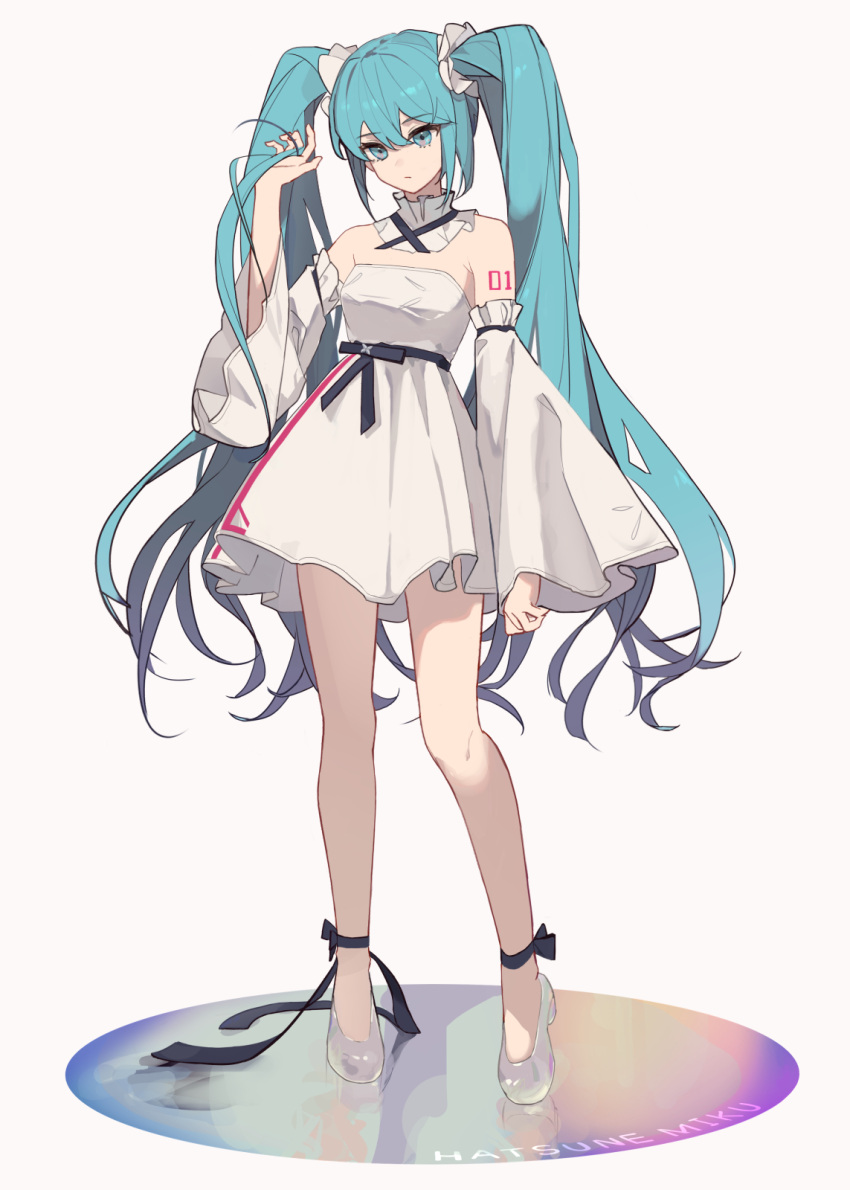1girl bare_shoulders belt black_belt black_bow black_ribbon blue_eyes blue_hair bow breasts character_name closed_mouth detached_sleeves dress full_body grey_footwear hair_between_eyes hair_ornament hand_up hatsune_miku highres huyu_(huyuxiv) long_hair long_sleeves looking_at_viewer medium_breasts number_tattoo reflection ribbon shoes sidelocks simple_background solo standing tattoo twintails vocaloid white_background white_dress wide_sleeves