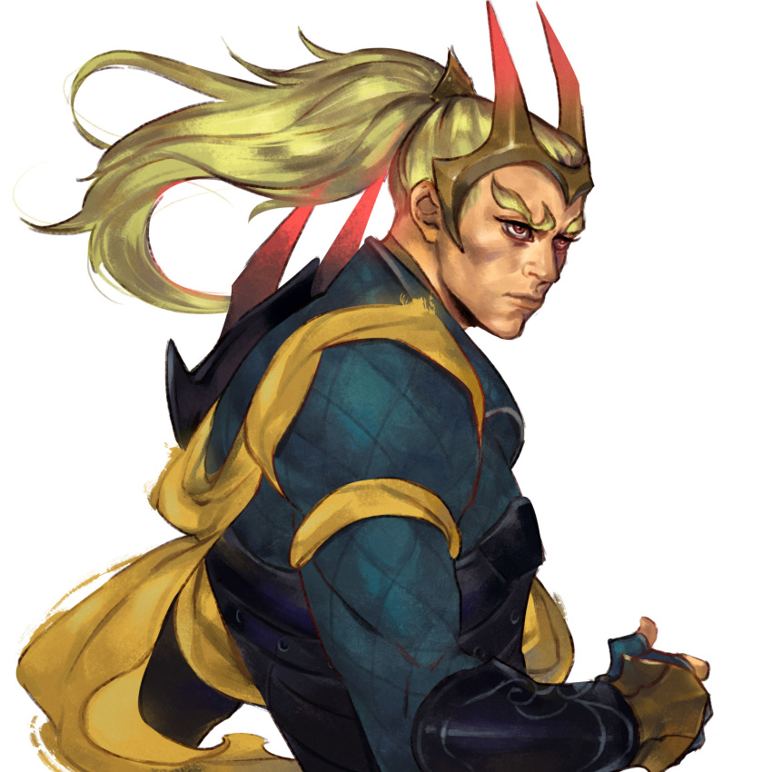 1boy blonde_hair fingerless_gloves gloves gradient_horns highres horns long_hair male_focus multicolored_horns ponytail red_eyes ritsu_hsiao scarf solo tale_of_wuxia thick_eyebrows upper_body white_background yellow_scarf