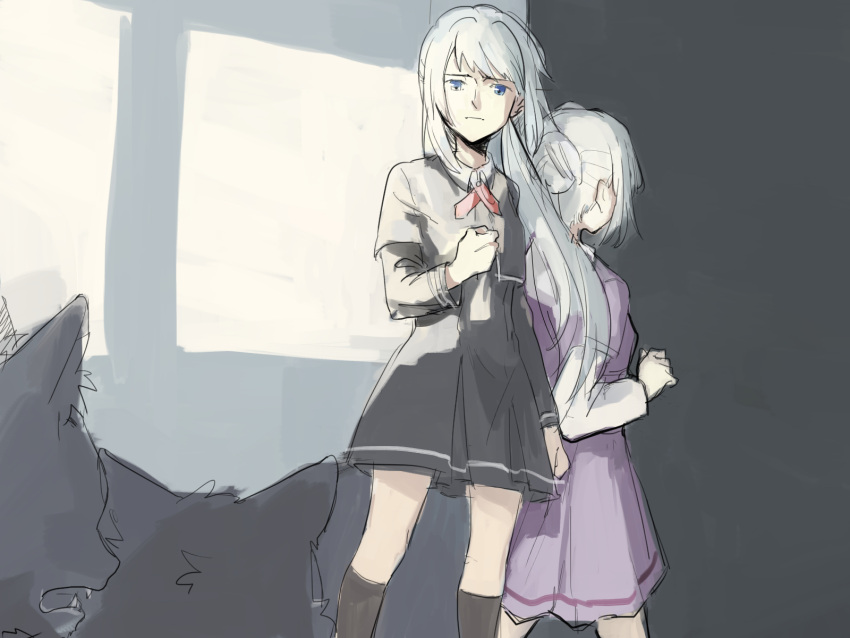 2girls arm_at_side back-to-back black_cat black_dress black_jacket black_socks blue_eyes cat clenched_hand collared_dress commentary cropped_jacket cross_tie daitou_academy_school_uniform dress dual_persona fangs feet_out_of_frame from_below frown grey_hair hair_bun hand_up highres indoors jacket kneehighs layered_sleeves long_hair long_sleeves looking_at_animal looking_at_viewer magia_record:_mahou_shoujo_madoka_magica_gaiden mahou_shoujo_madoka_magica miniskirt mizuna_girls'_academy_school_uniform multiple_girls necktie pleated_skirt ponytail purple_shirt purple_skirt red_necktie school_uniform shirt short_dress short_over_long_sleeves short_sleeves sidelocks single_hair_bun sketch skirt socks very_long_hair white_sleeves yakumo_mitama yushida