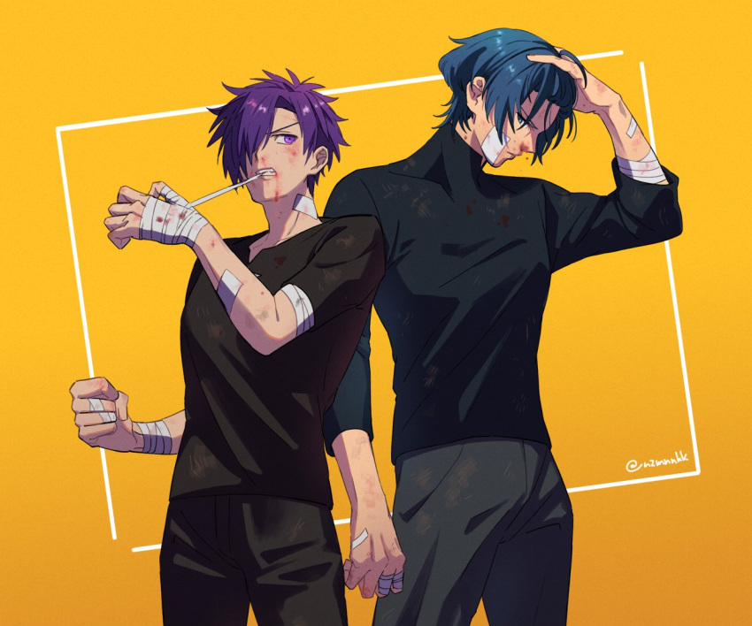 2boys alternate_costume bandage_on_face bandages black_pants black_shirt blood blood_on_face blue_eyes blue_hair byleth_(fire_emblem) byleth_(male)_(fire_emblem) commentary_request fire_emblem fire_emblem:_three_houses fire_emblem_warriors:_three_hopes hair_over_one_eye male_focus multiple_boys nzmnnkk one_eye_covered pants purple_hair shez_(fire_emblem) shez_(male)_(fire_emblem) shirt short_hair short_sleeves teeth twitter_username violet_eyes yellow_background