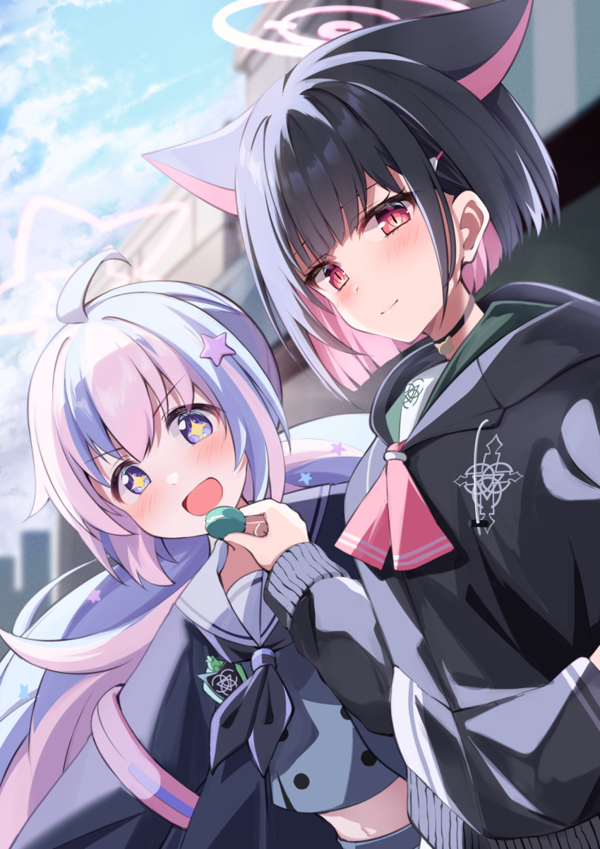 +_+ 2girls acchii_(akina) ahoge animal_ears black_choker black_coat black_sweater blue_archive blunt_bangs blurry blush cat_ears cat_girl choker coat colored_inner_hair commentary_request depth_of_field feeding food hair_between_eyes hair_ornament hairclip halo highres holding holding_food hood hooded_sweater kazusa_(blue_archive) long_hair long_sleeves looking_at_another looking_at_viewer low_twintails macaron midriff multicolored_hair multiple_girls navel open_clothes open_coat outdoors pendant_choker reisa_(blue_archive) school_uniform serafuku short_hair sidelocks smile star_(symbol) star_hair_ornament sweater twintails two-tone_hair violet_eyes