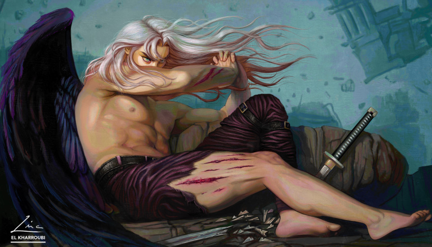 1boy abs absurdres alexandre_cabanel angel angel_wings animal_print artist_name barefoot belt black_belt bleeding blood blue_background blue_eyes broken broken_weapon fallen_angel fallen_angel_(painting) final_fantasy final_fantasy_vii fine_art_parody from_side full_body furrowed_brow highres interlocked_fingers linala long_hair looking_up lying male_focus nipples outdoors parody pectorals rock scratches sephiroth signature sitting solo sword thigh_strap tiger_print toes topless_male v-shaped_eyebrows very_long_hair weapon white_hair wings