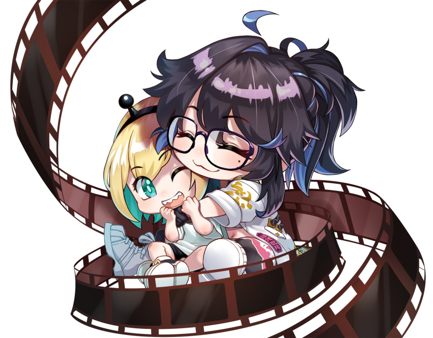 2girls :3 :d agustinus amano_pikamee black-framed_eyewear black_footwear black_hair black_hairband black_shorts blonde_hair blue_hair chest_sarashi chibi closed_eyes colored_inner_hair commentary delinquent english_commentary eyelashes film_reel glasses green_hair hairband highres hug hug_from_behind kson looking_at_another midriff mole mole_under_eye multicolored_hair multiple_girls navel one_eye_closed petal_print sarashi sharp_teeth shirt shoe_soles shoes shorts simple_background smile sneakers streaked_hair sukeban teeth two-tone_coat upper_teeth_only virtual_youtuber voms vshojo white_background white_shirt