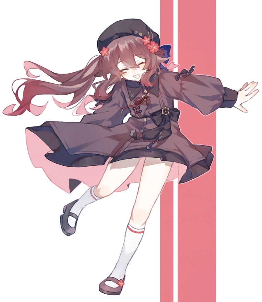 1girl alternate_costume black_headwear brown_dress brown_footwear brown_hair closed_eyes commentary_request dress flower full_body genshin_impact hair_flower hair_ornament highres hu_tao_(genshin_impact) kun_(user_ahgn2825) long_hair long_sleeves mary_janes open_mouth plum_blossoms red_flower shoes smile socks solo twintails