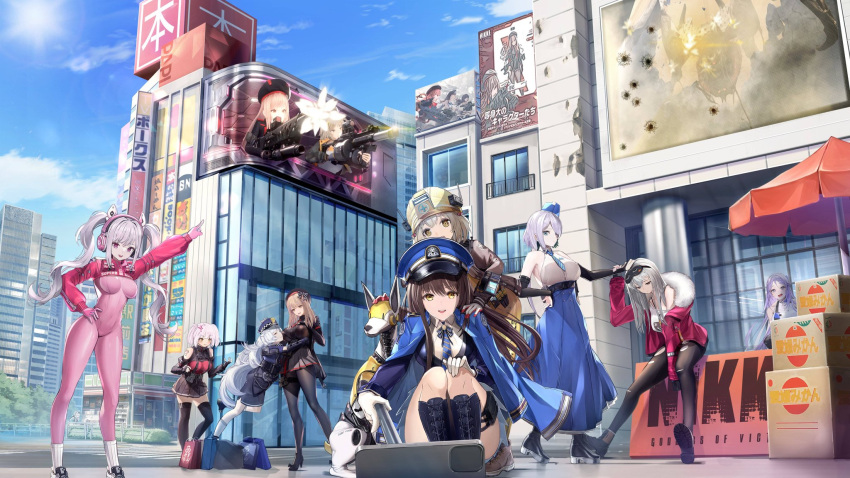 alice_(nikke) animal_ear_headphones animal_ears anis_(nikke) ankle_boots belorta_(nikke) belt black_belt black_footwear black_hair black_jacket black_pants blonde_hair blue_coat blue_headwear blue_necktie bodysuit bodysuit_under_clothes boots box breasts brid_(nikke) brown_jacket building coat coat_on_shoulders collarbone collared_shirt cropped_jacket cross-laced_footwear cross_print diesel_(nikke) drawstring earrings emma_(nikke) eyewear_on_head fake_animal_ears firing flashlight folkwang_(nikke) frima_(nikke) fur-trimmed_jacket fur_collar fur_trim gloves goddess_of_victory:_nikke grey_hair gun hair_bobbles hair_ornament hair_over_eyes hand_on_another's_head hardhat hat head_tilt headphones headset helmet high_heel_boots high_heels highres hug impossible_bodysuit impossible_clothes jacket jersey jewelry lace-up_boots latex latex_bodysuit liter_(nikke) long_bangs long_hair long_sleeves looking_at_viewer marian_(nikke) military military_hat military_uniform multicolored_clothes multicolored_gloves music necktie off_shoulder open_clothes open_jacket open_mouth orange_eyes panties pants pantyhose peaked_cap pinching_sleeves pink_bodysuit pink_eyes pink_gloves pink_headphones pleated_skirt pointing poli_(nikke) pouch puffy_sleeves rapi_(nikke) red_jacket reeh_(yukuri130) shirt shoes shrug_(clothing) sidelocks singing sitting skin_tight skirt sleep_mask smile sneakers standing striped_necktie t-shirt teeth thigh-highs thigh_belt thigh_strap thighs torn_clothes torn_pants triangle_earrings twintails two-tone_gloves underwear uniform upper_teeth_only utility_belt weapon white_background white_gloves white_hair white_panties white_shirt yellow_bodysuit zettai_ryouiki