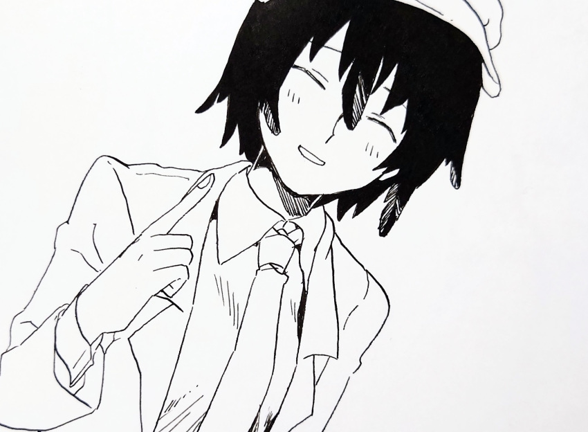 black_feathers black_hair blush closed_eyes coat feather_hair feathers formal hat highres light_blush monochrome necktie open_clothes open_coat open_mouth pointing pointing_up shameimaru_aya shirt short_hair sketch smile suit touhou whoru