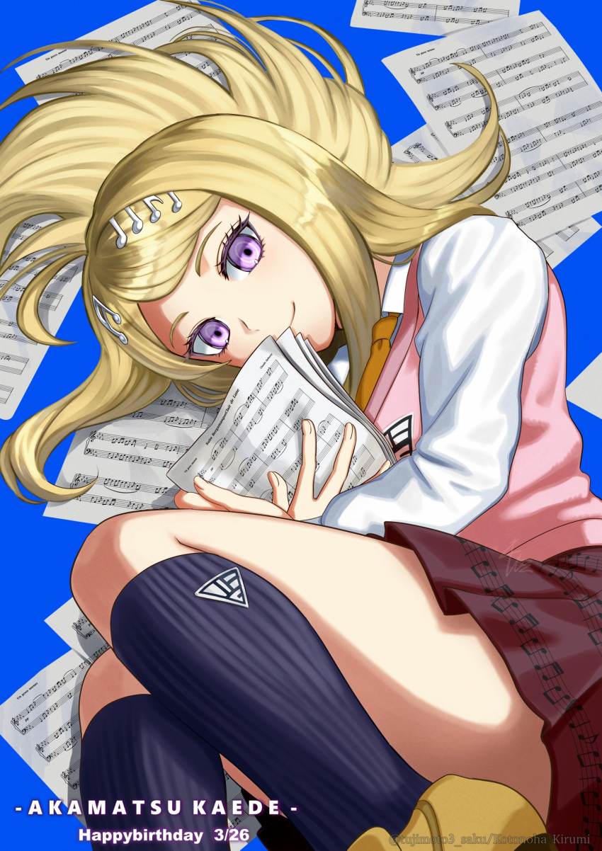 1girl ahoge akamatsu_kaede artist_name black_socks blonde_hair blue_background character_name closed_mouth commentary_request danganronpa_(series) danganronpa_v3:_killing_harmony dated english_text hair_ornament happy_birthday highres kusatakesi long_hair long_sleeves looking_at_viewer lying musical_note musical_note_hair_ornament necktie orange_necktie paper pink_sweater_vest sheet_music shirt shoes simple_background smile socks solo staff_(music) sweater_vest swept_bangs twitter_username violet_eyes white_shirt yellow_footwear
