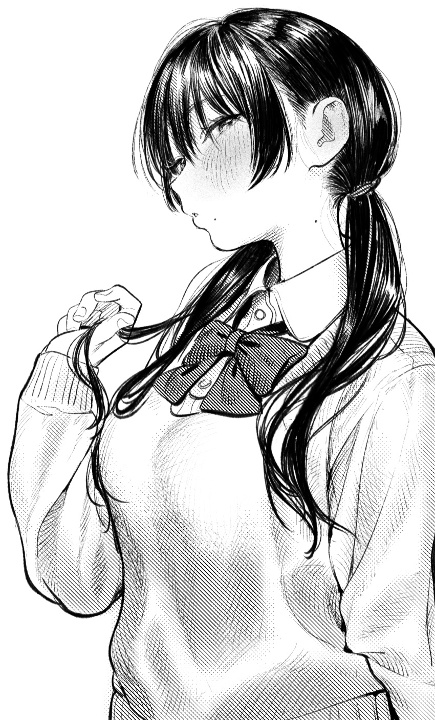 1girl blush bow bowtie collared_shirt dress_shirt highres holding holding_hair long_hair long_sleeves looking_at_viewer low_twintails mole mole_on_neck mole_under_mouth momokumo monochrome original parted_lips playing_with_own_hair school_uniform shirt sideways_glance simple_background sweater twintails white_background