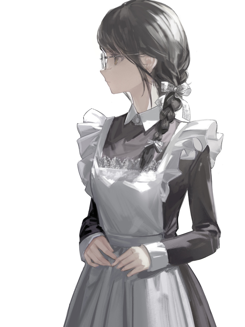 1girl absurdres apron black_hair braid brown_eyes closed_mouth english_commentary expressionless glasses hair_ribbon highres long_sleeves looking_to_the_side maid maid_apron ns404_(chenlin14594662) original ribbon round_eyewear simple_background solo upper_body white_apron white_background white_ribbon