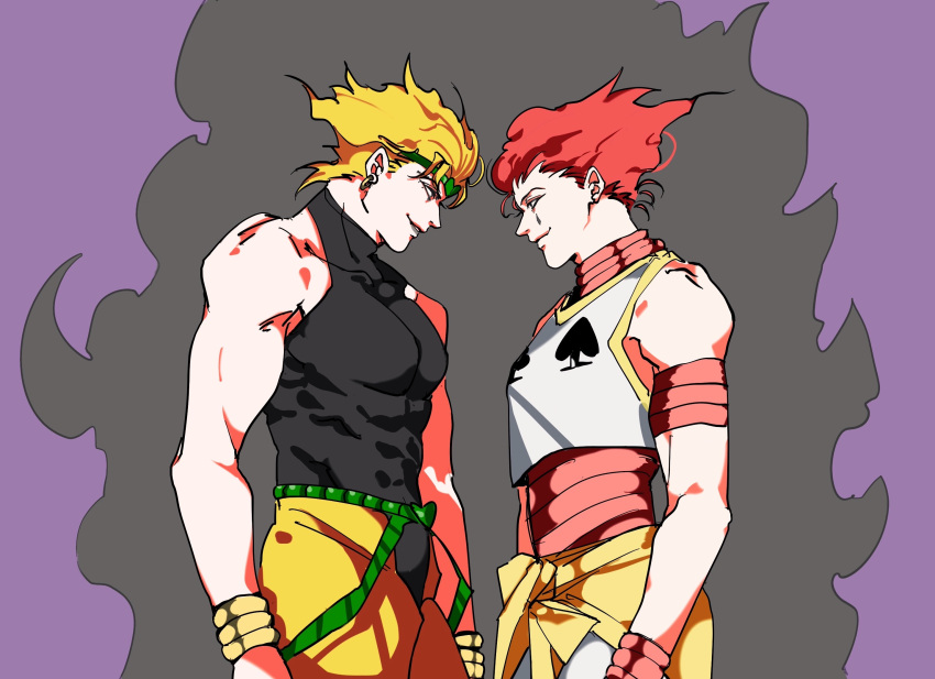 2boys bare_shoulders black_fire blonde_hair bracelet crotchless crotchless_pants dio_brando eye_contact face-to-face fire hair_slicked_back heart_headband highres hisoka_morow hunter_x_hunter jewelry jojo_no_kimyou_na_bouken looking_at_another male_focus multiple_boys muscular muscular_male pants playing_card_theme redhead shirt sketch sleeveless sleeveless_turtleneck stardust_crusaders teardrop_facial_mark teardrop_tattoo tight tight_shirt trait_connection turtleneck ummi_ii yellow_pants