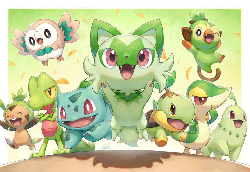 black_eyes bulbasaur chespin chikorita closed_mouth colored_sclera crossed_arms falling_leaves fangs flying green_background grookey half-closed_eyes hand_on_own_chin hands_up jumping kemonomichi_(blue_black) leaf midair open_mouth pokemon pokemon_(creature) red_eyes rowlet shadow signature snivy sprigatito stroking_own_chin treecko turtwig yellow_sclera