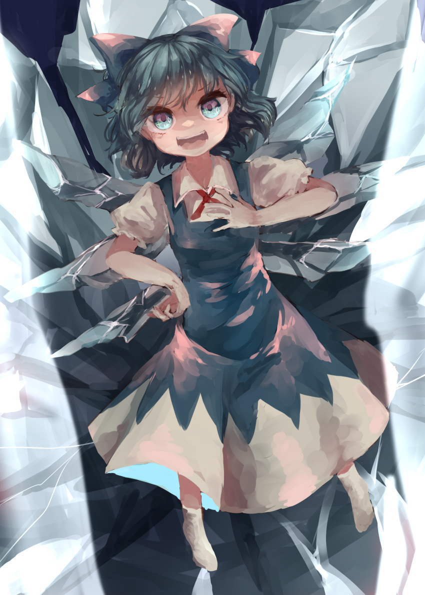 absurdres blue_bow blue_dress blue_eyes blue_hair bow cirno collared_shirt dress frilled_sleeves frills full_body hair_bow highres ice ice_wings ijen_(ljenejl) looking_at_viewer no_shoes open_mouth pinafore_dress puffy_short_sleeves puffy_sleeves shirt short_sleeves socks teeth touhou upper_teeth_only white_shirt white_socks wings