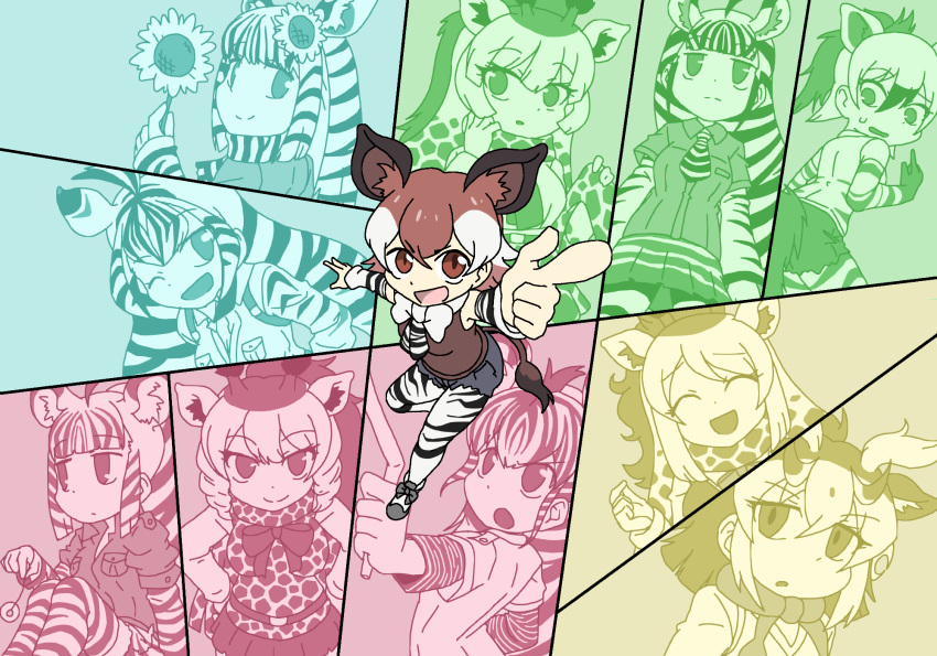 6+girls ;d ^_^ aardwolf_(kemono_friends) aardwolf_ears aardwolf_girl aardwolf_print aardwolf_tail animal_ears animal_print arms_up blunt_bangs bow bowtie brown_hair cape_giraffe_(kemono_friends) chapman's_zebra_(kemono_friends) chibi closed_eyes closed_mouth detached_sleeves elbow_gloves empty_eyes extra_ears facing_viewer flower full_body furrowed_brow giraffe_ears giraffe_girl giraffe_horns giraffe_print giraffe_tail gloves grevy's_zebra_(kemono_friends) grey_hair hair_between_eyes hair_flower hair_ornament hands_on_own_hips high_ponytail highres holding holding_flower horns index_finger_raised jitome kemono_friends knees_up layered_sleeves long_hair long_sleeves looking_at_another looking_at_viewer mountain_zebra_(kemono_friends) multicolored_hair multiple_girls okapi_(kemono_friends) okapi_ears okapi_tail one_eye_closed open_mouth outstretched_arm pantyhose_under_shorts parted_bangs pendulum plains_zebra_(kemono_friends) pointing print_gloves print_pantyhose print_scarf print_sleeves reticulated_giraffe_(kemono_friends) rothschild's_giraffe_(kemono_friends) scarf shirt short_over_long_sleeves short_sleeves shorts sitting sivatherium_(kemono_friends) sleeveless sleeveless_shirt smile srd_(srdsrd01) sunflower tail upper_body very_long_hair zebra_print