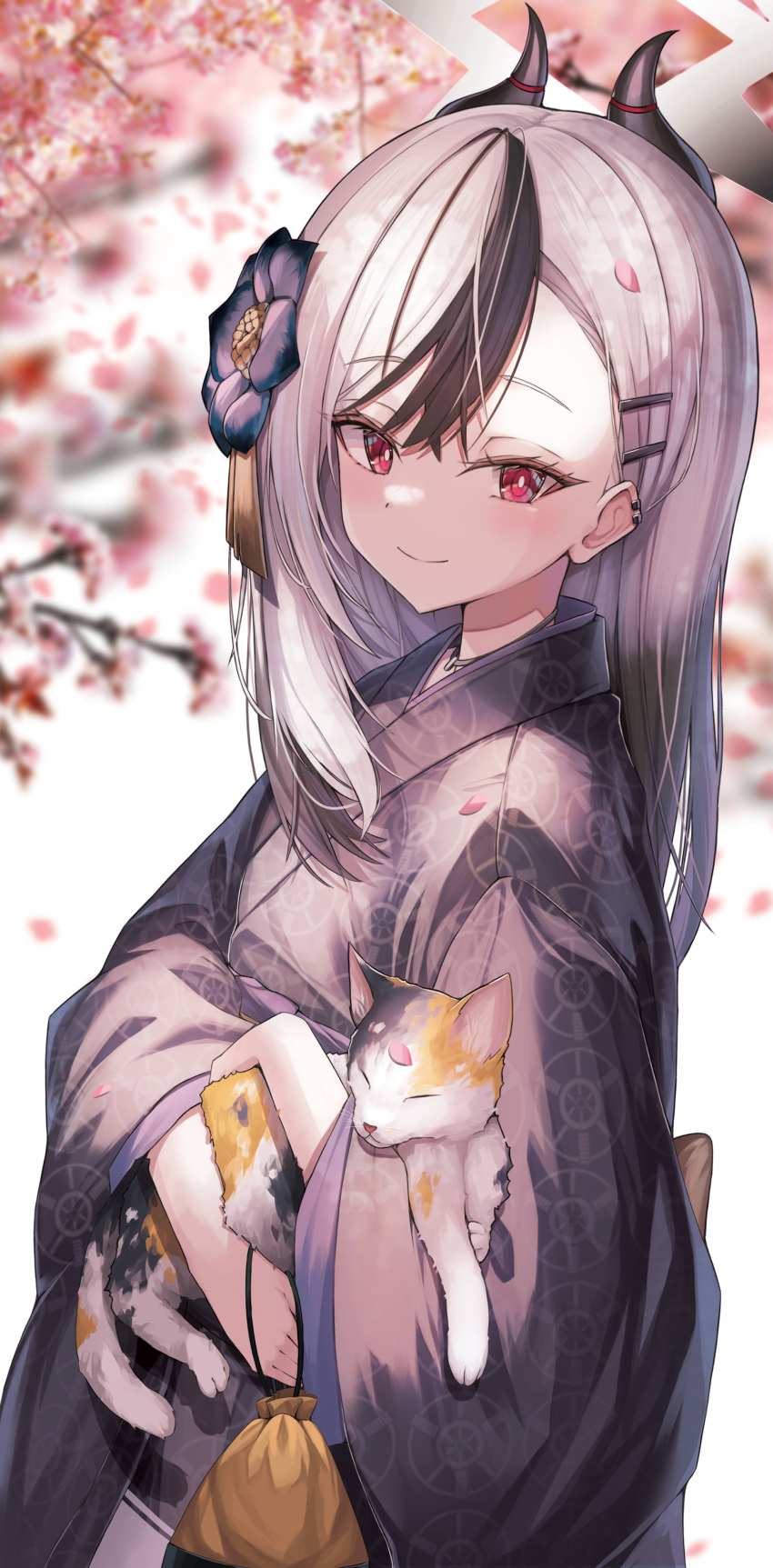 1girl absurdres alter_(kxk7357) animal black_hair black_kimono blue_archive blurry blurry_background blush bright_pupils cat cherry_blossoms closed_mouth demon_horns ear_piercing falling_petals flower gradient_hair grey_hair hair_flower hair_ornament hairclip halo highres holding holding_animal holding_cat horns japanese_clothes jewelry kayoko_(blue_archive) kayoko_(new_year)_(blue_archive) kimono kinchaku long_sleeves looking_at_viewer multicolored_hair necklace obi petals piercing pouch red_eyes sash smile solo standing streaked_hair swept_bangs upper_body wheel_print white_pupils wide_sleeves