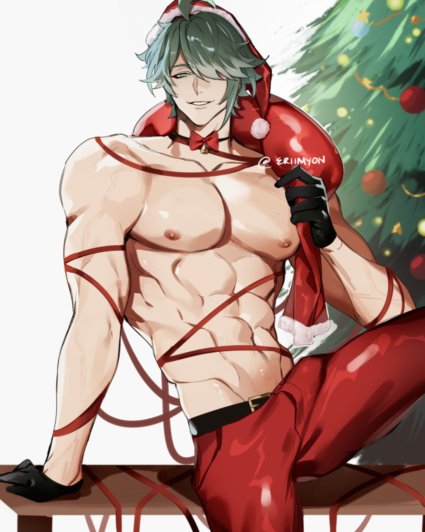 1boy abs ahoge alhaitham_(genshin_impact) bell belt black_belt black_gloves bow bowtie christmas christmas_tree cowboy_shot eriimyon genshin_impact gloves green_eyes green_hair hair_over_one_eye hat highres large_pectorals male_focus muscular muscular_male neck_bell nipples pants pectorals red_pants red_ribbon ribbon santa_hat short_hair simple_background smile solo spread_legs swept_bangs topless_male twitter_username white_background