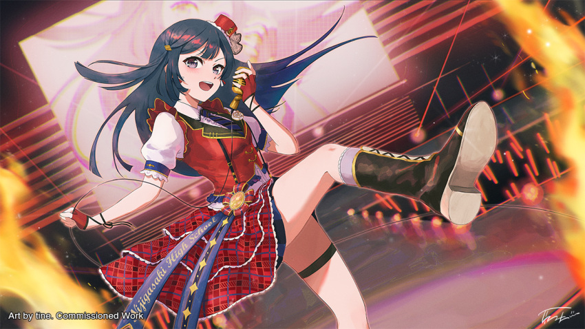 1girl black_footwear black_hair boots chase!_(love_live!) commentary fingerless_gloves fire gloves grey_eyes half_gloves holding holding_microphone idol knee_boots leg_up long_hair looking_at_viewer love_live! love_live!_nijigasaki_high_school_idol_club microphone music open_mouth puffy_short_sleeves puffy_sleeves red_gloves short_sleeves singing smile solo teeth thigh_strap tinedesu upper_teeth_only yuuki_setsuna_(love_live!)