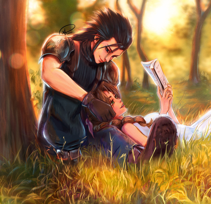 1boy 1girl absurdres aerith_gainsborough armor bare_shoulders black_hair blue_eyes blurry blurry_background book boots braid braided_ponytail brown_footwear brown_gloves brown_hair couple crisis_core_final_fantasy_vii day dress english_commentary final_fantasy final_fantasy_vii gloves grass green_eyes highres holding holding_book lap_pillow long_hair looking_down lying on_back outdoors procreate_(medium) reading shoulder_armor signature sitting sleeveless sleeveless_dress sleeveless_turtleneck spiky_hair sunlight sweater tree turtleneck turtleneck_sweater xriviia zack_fair