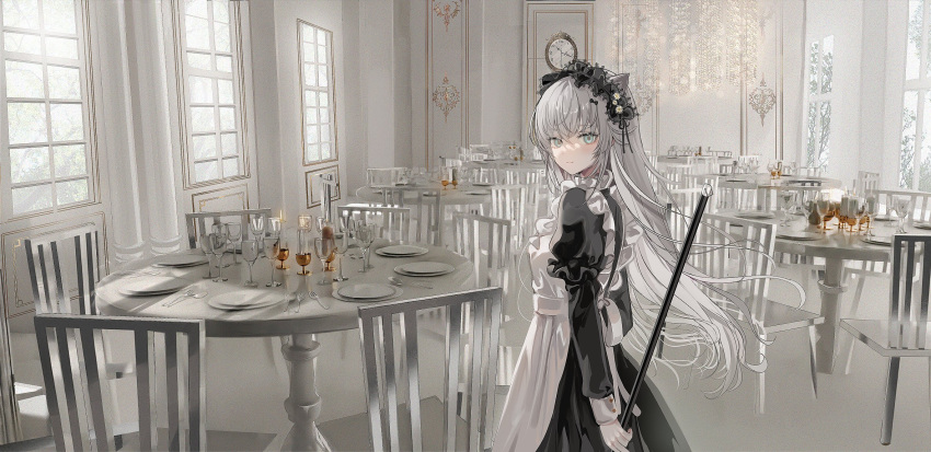 1girl animal_ears apron black_bow black_headdress bow chair chiemo_(xcem) clock frilled_apron frills glasses green_eyes grey_hair hair_bow highres holding indoors juliet_sleeves long_hair long_sleeves maid maid_apron original puffy_long_sleeves puffy_sleeves round_table solo table