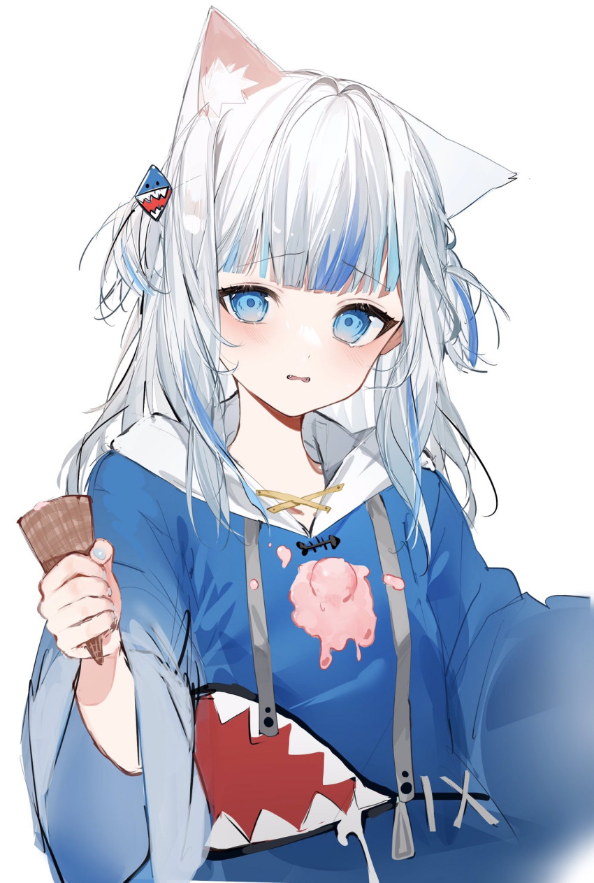 1girl accident animal_costume animal_ear_fluff animal_ears blue_eyes blue_hair blue_hoodie blue_nails blunt_bangs blush cat_ears drawstring fangs fingernails food food_on_clothes gawr_gura hair_ornament highres holding holding_food hololive hololive_english hood hoodie ice_cream ice_cream_cone ice_cream_cone_spill long_sleeves looking_at_viewer medium_hair multicolored_hair nail_polish shark_costume shark_hair_ornament shark_print simple_background solo streaked_hair suashi tearing_up two_side_up upper_body virtual_youtuber wavy_mouth white_background white_hair wide_sleeves