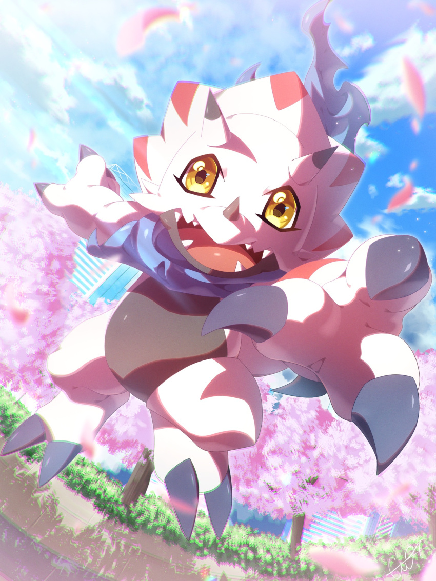 blue_sky cherry_blossoms clouds digimon digimon_(creature) gammamon guoh_ga_gotoku highres jumping looking_at_viewer no_humans open_mouth outdoors petals sky tree
