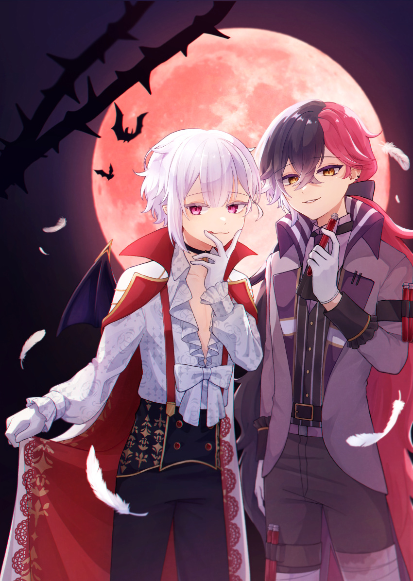 2boys absurdres akuma_shitsuji_to_kuroi_neko bat_(animal) bat_wings berrien_cliane black_hair cape feathers full_moon halloween halloween_costume highres long_hair long_sleeves looking_at_viewer lucas_thompscie moon multicolored_hair multiple_boys night night_sky orange_eyes pink_eyes pink_hair red_cape short_hair sky split-color_hair sumino_iro tongue tongue_out vampire white_hair wings