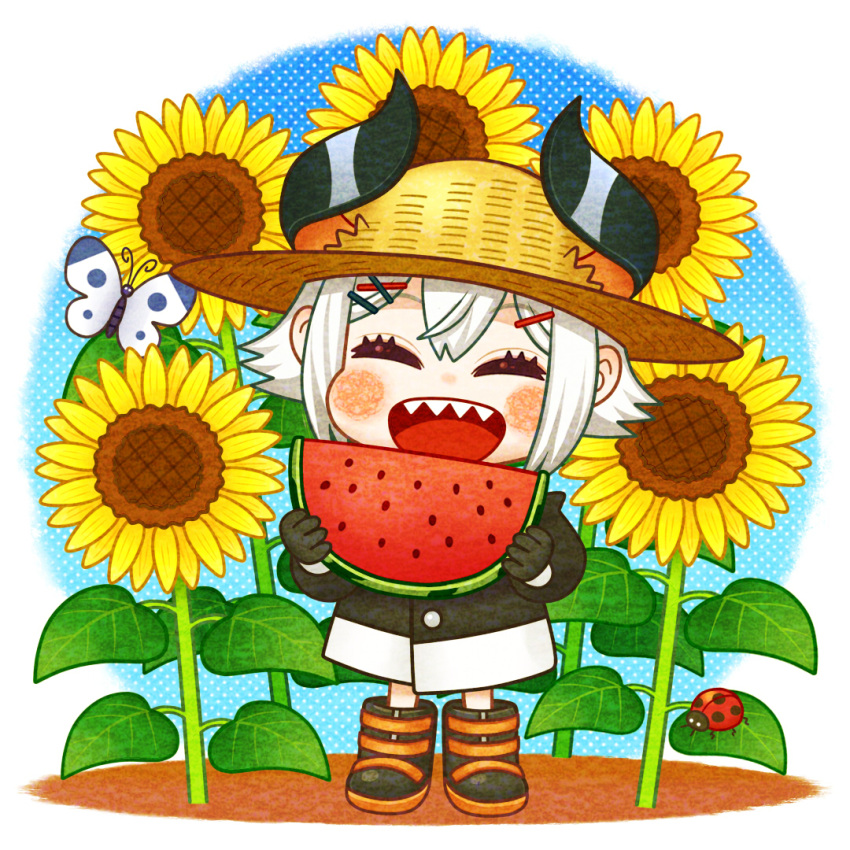 1girl black_gloves blush boots bug butterfly chibi closed_eyes coat demon_horns flower food fruit gloves hair_ornament hairclip hat holding holding_food holding_fruit horns ladybug levi_elipha multicolored_horns nijisanji open_mouth sharp_teeth short_hair straw_hat summer sunflower teeth virtual_youtuber watermelon watermelon_slice white_hair x_hair_ornament zatoumusi