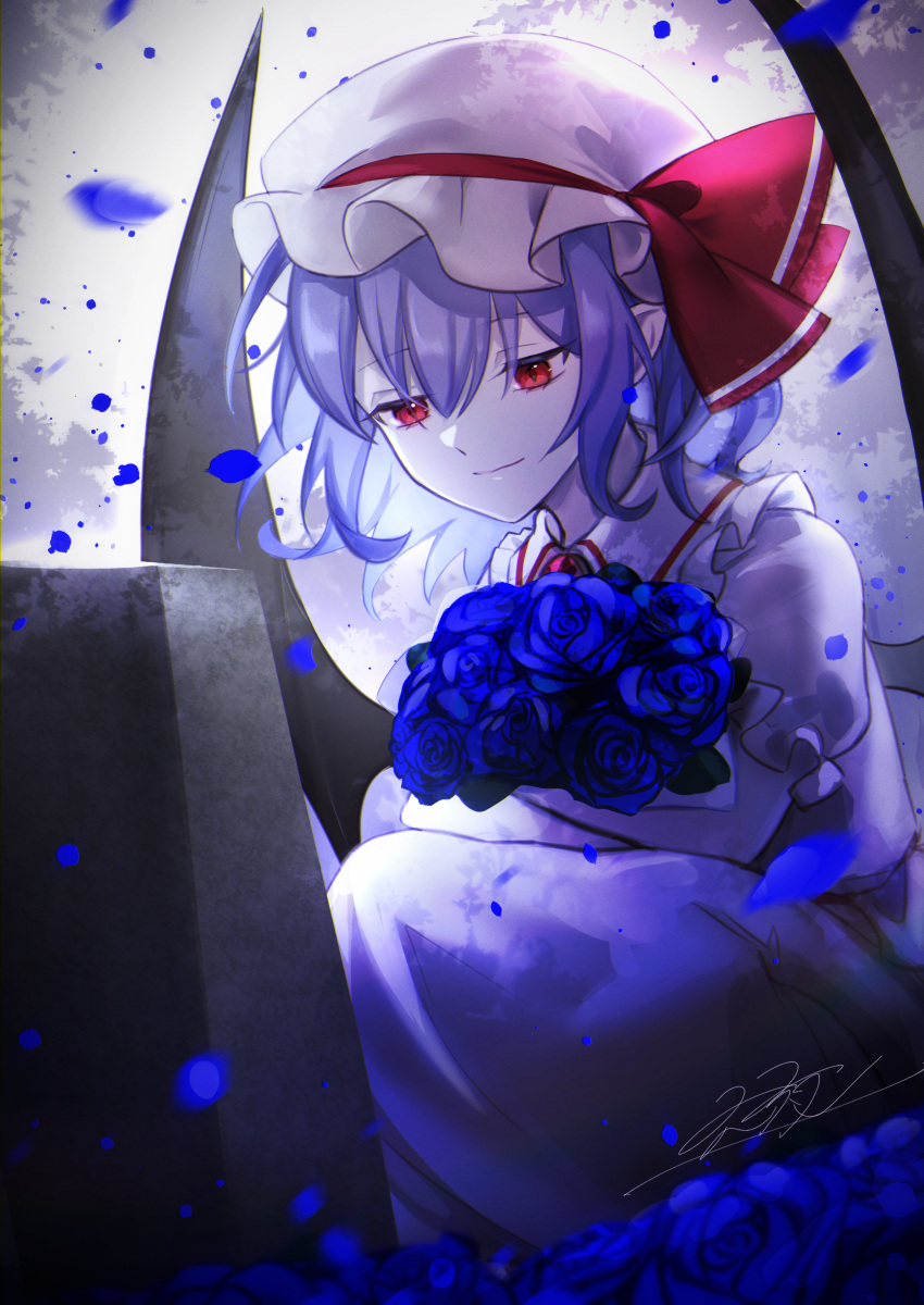 1girl absurdres bat_wings blue_flower blue_hair blue_rose bouquet closed_mouth collared_dress commentary dress flower frilled_shirt_collar frills gem hair_between_eyes hat hat_ribbon highres holding holding_bouquet kneeling light_smile looking_down mob_cap petals puffy_short_sleeves puffy_sleeves red_eyes red_gemstone red_ribbon remilia_scarlet ribbon rokuya_(68_zusao) rose rose_petals short_hair short_sleeves signature tombstone touhou white_dress white_headwear wings