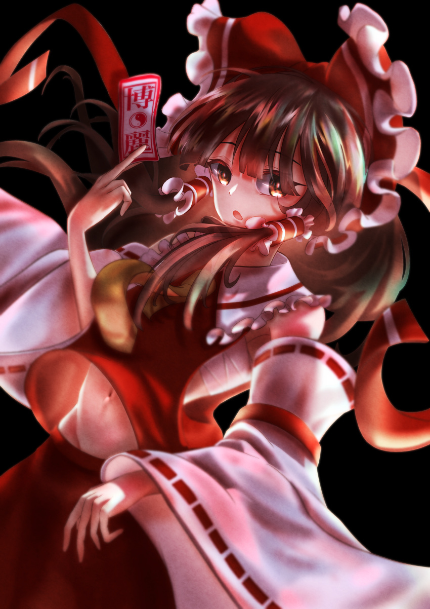 1girl :o absurdres ascot black_background blurry bow brown_eyes collared_shirt detached_sleeves frilled_bow frilled_hair_tubes frills hair_bow hair_tubes hakama hakurei_reimu highres holding japanese_clothes long_hair looking_at_viewer medium_hair miko navel qwamatono999 red_bow red_hakama red_shirt red_skirt red_vest ribbon-trimmed_sleeves ribbon_trim sarashi shirt skirt skirt_set sleeveless sleeveless_shirt spell_card touhou vest white_sleeves wide_sleeves yellow_ascot