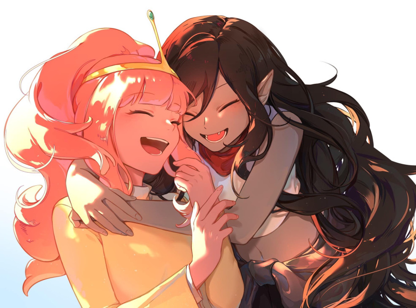 2girls adventure_time arms_around_neck backlighting bare_shoulders black_hair blunt_bangs blush chinese_commentary closed_eyes colored_skin commentary_request eden_(eden871225) grey_skin hair_between_eyes highres hug long_sleeves marceline_abadeer midriff multiple_girls navel open_mouth pink_hair pink_skin pointy_ears ponytail princess_bonnibel_bubblegum smile tiara upper_body wavy_hair white_background yuri