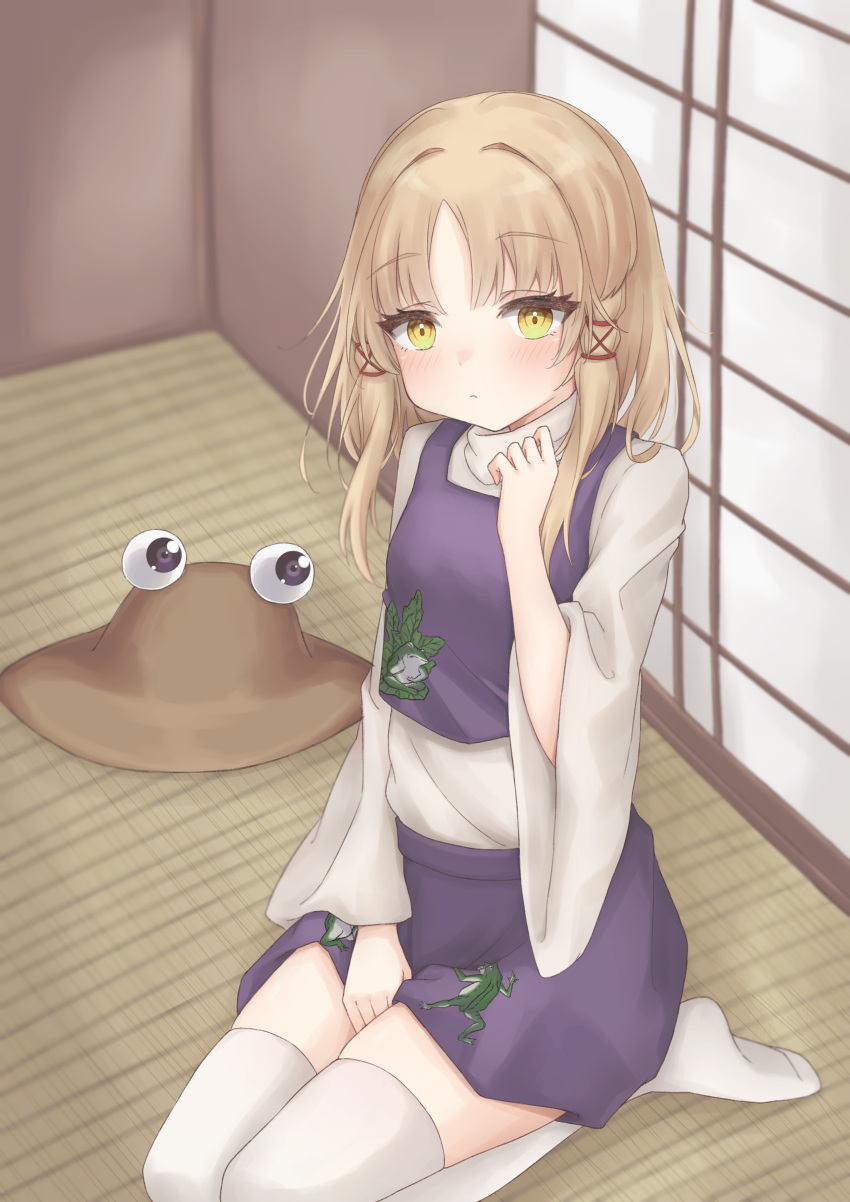 1girl absurdres blonde_hair blush breasts closed_mouth expressionless from_above gaden19 hair_ribbon hat hat_removed headwear_removed highres long_hair looking_at_another looking_at_viewer moriya_suwako parted_bangs purple_skirt ribbon seiza sitting skirt small_breasts solo tatami thigh-highs touhou vest wide_sleeves yellow_eyes